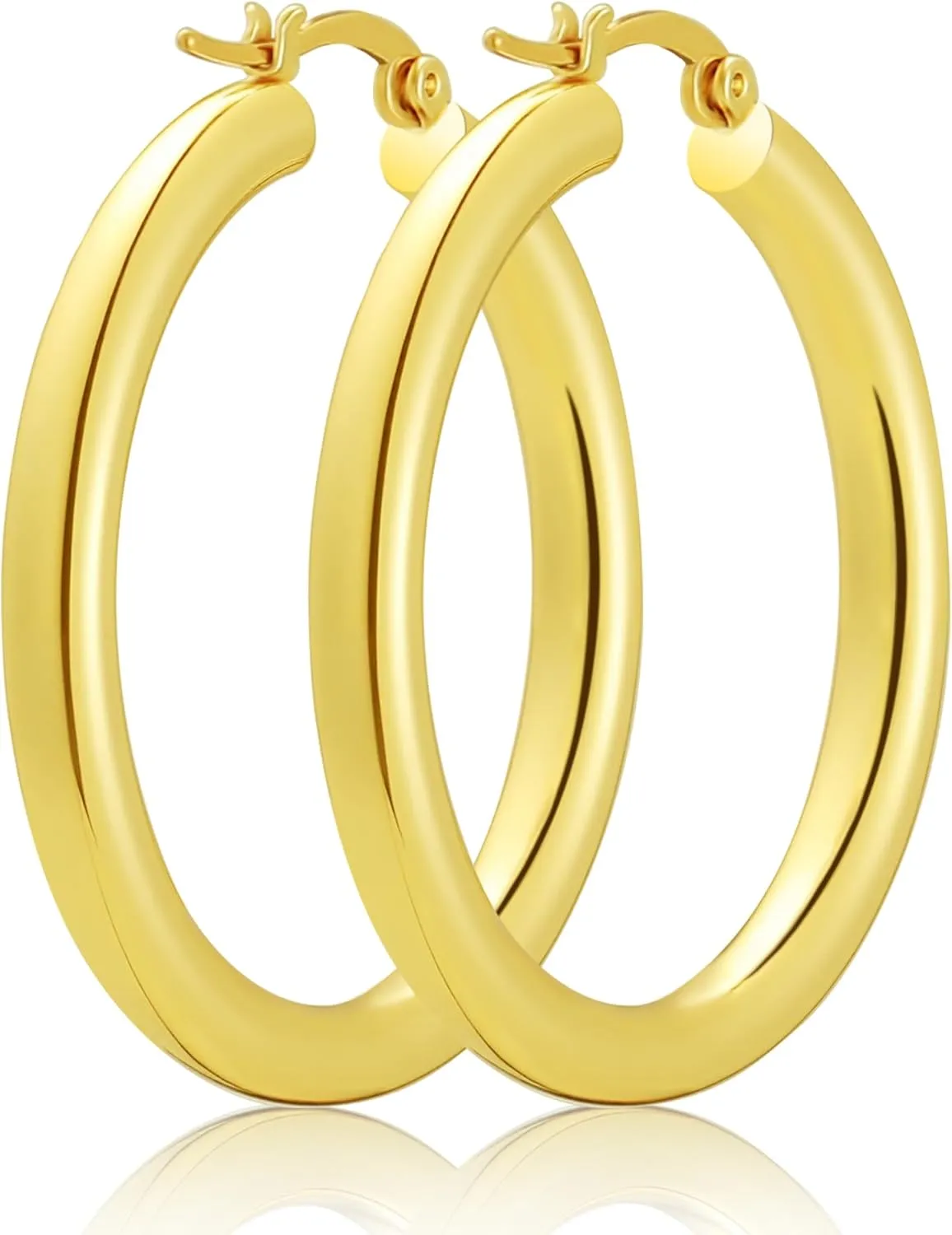 Hoop Earrings for Women, 18K Gold Plated Hoops Earrings, Hypoallergenic Lightweight Comfort Hollow Tube Hoops with Secure Push Lock, Chunky and Sleek Gold Hoops Large Earrings