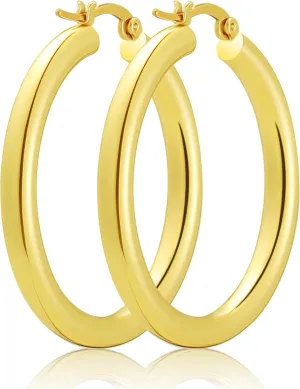 Hoop Earrings for Women, 18K Gold Plated Hoops Earrings, Hypoallergenic Lightweight Comfort Hollow Tube Hoops with Secure Push Lock, Chunky and Sleek Gold Hoops Large Earrings