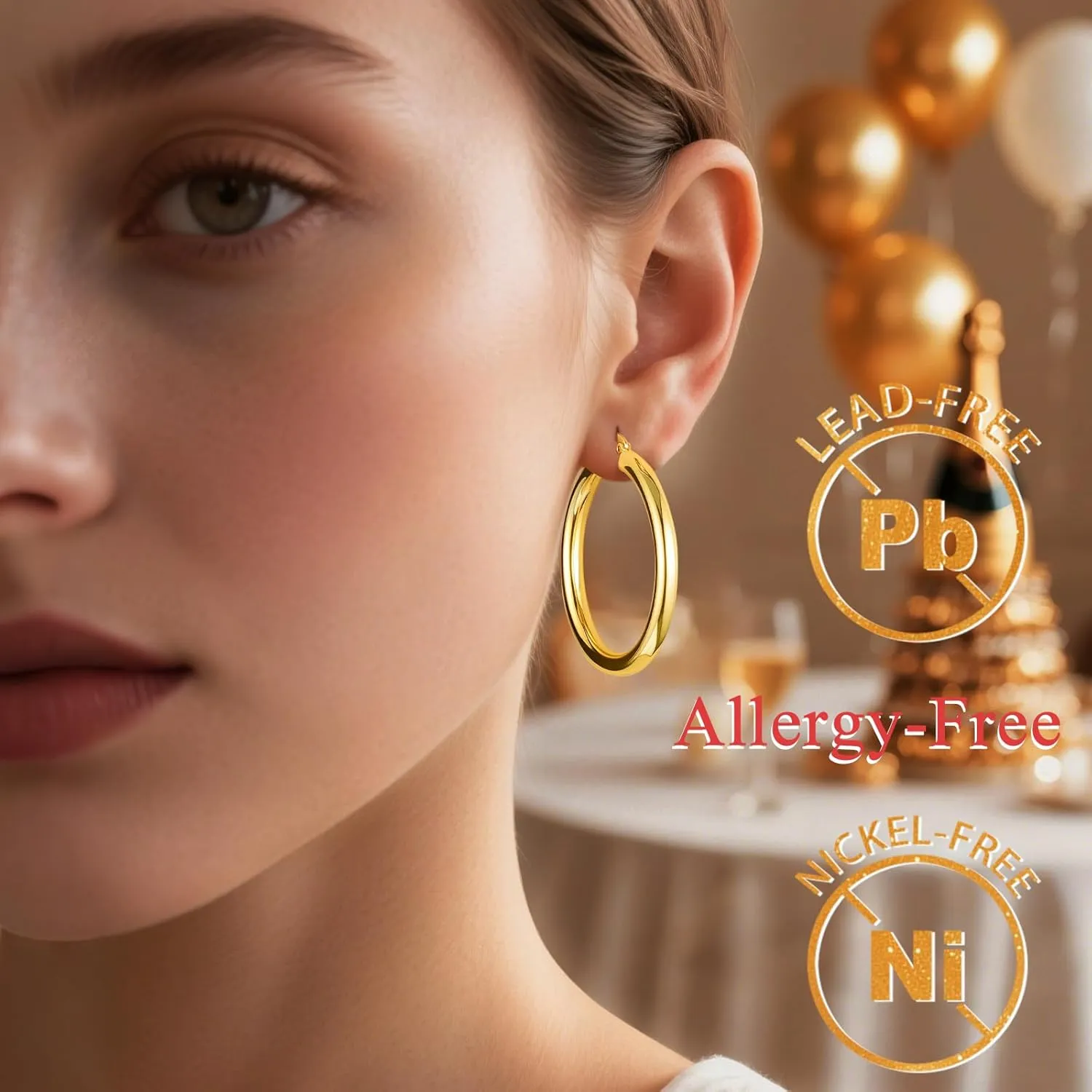 Hoop Earrings for Women, 18K Gold Plated Hoops Earrings, Hypoallergenic Lightweight Comfort Hollow Tube Hoops with Secure Push Lock, Chunky and Sleek Gold Hoops Large Earrings