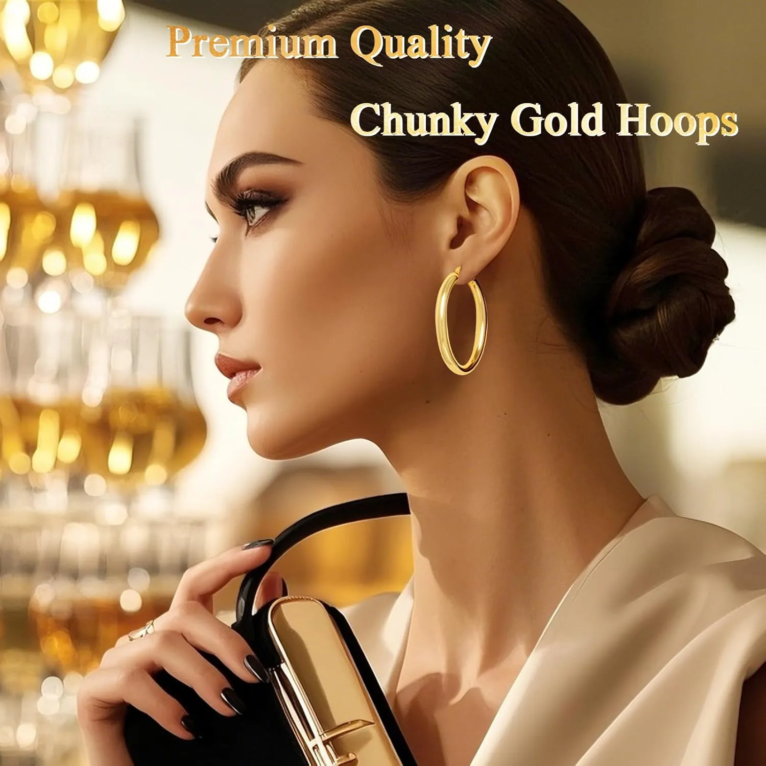 Hoop Earrings for Women, 18K Gold Plated Hoops Earrings, Hypoallergenic Lightweight Comfort Hollow Tube Hoops with Secure Push Lock, Chunky and Sleek Gold Hoops Large Earrings