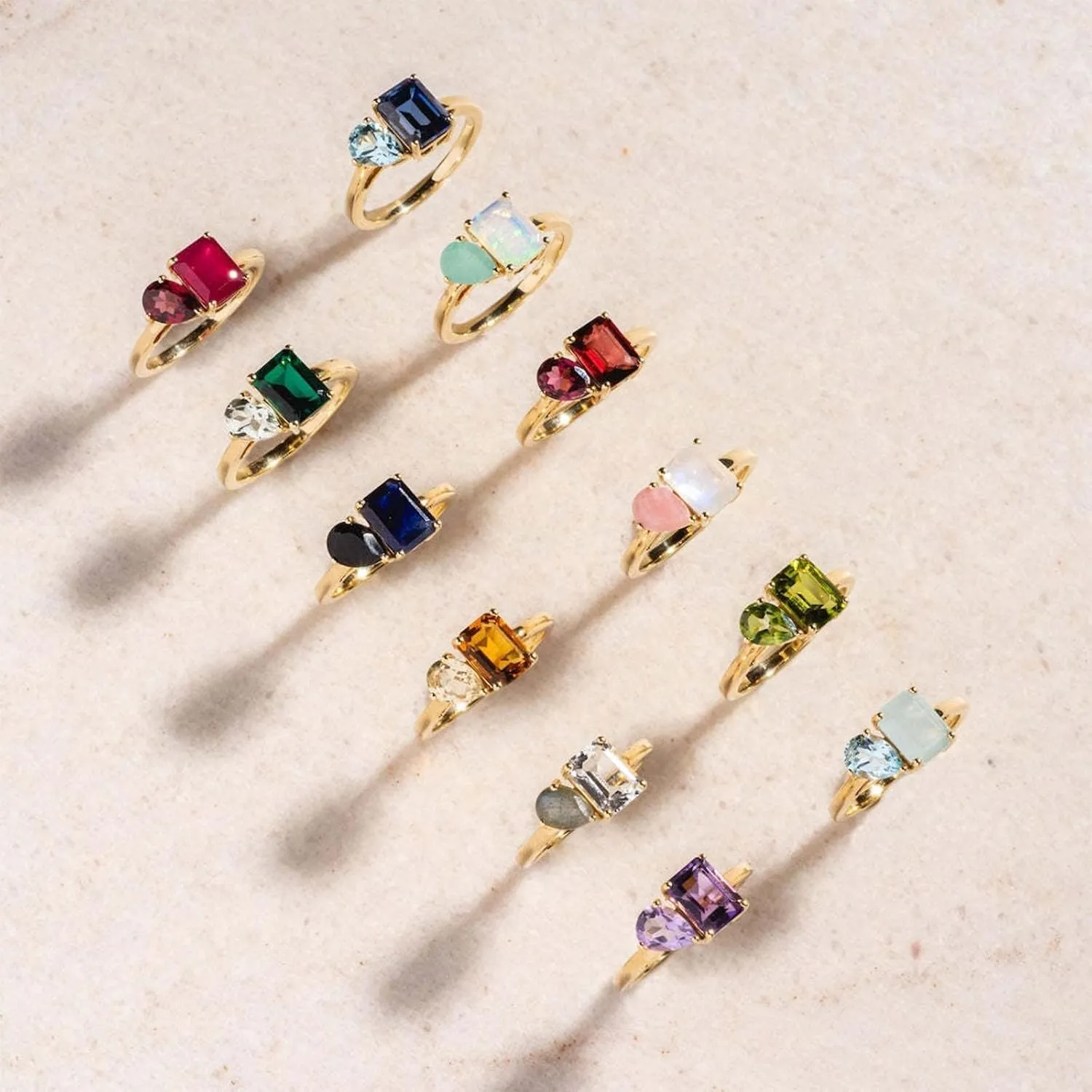 HUASAI Gold Birthstone Rings for Women Non Tarnish 14K Gold Plated 2 Birthstone Ring Toi Et Moi Ring Dainty Birthstone Stackable Rings Birthday Gifts for Women