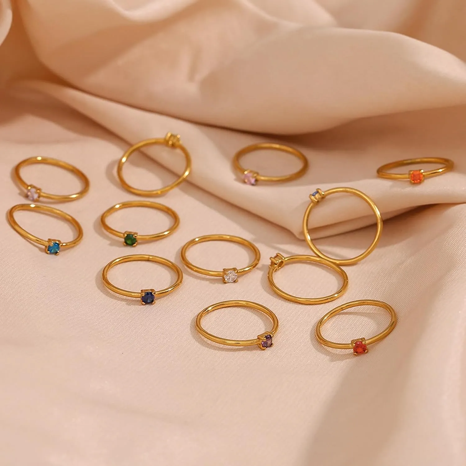 HUASAI Gold Birthstone Rings for Women Non Tarnish 14K Gold Plated Stackable Birthstone Ring Stacking Cubic Zirconia Birthstone Rings Adjustable Birthstone Rings for Birthday Jewelry Gifts