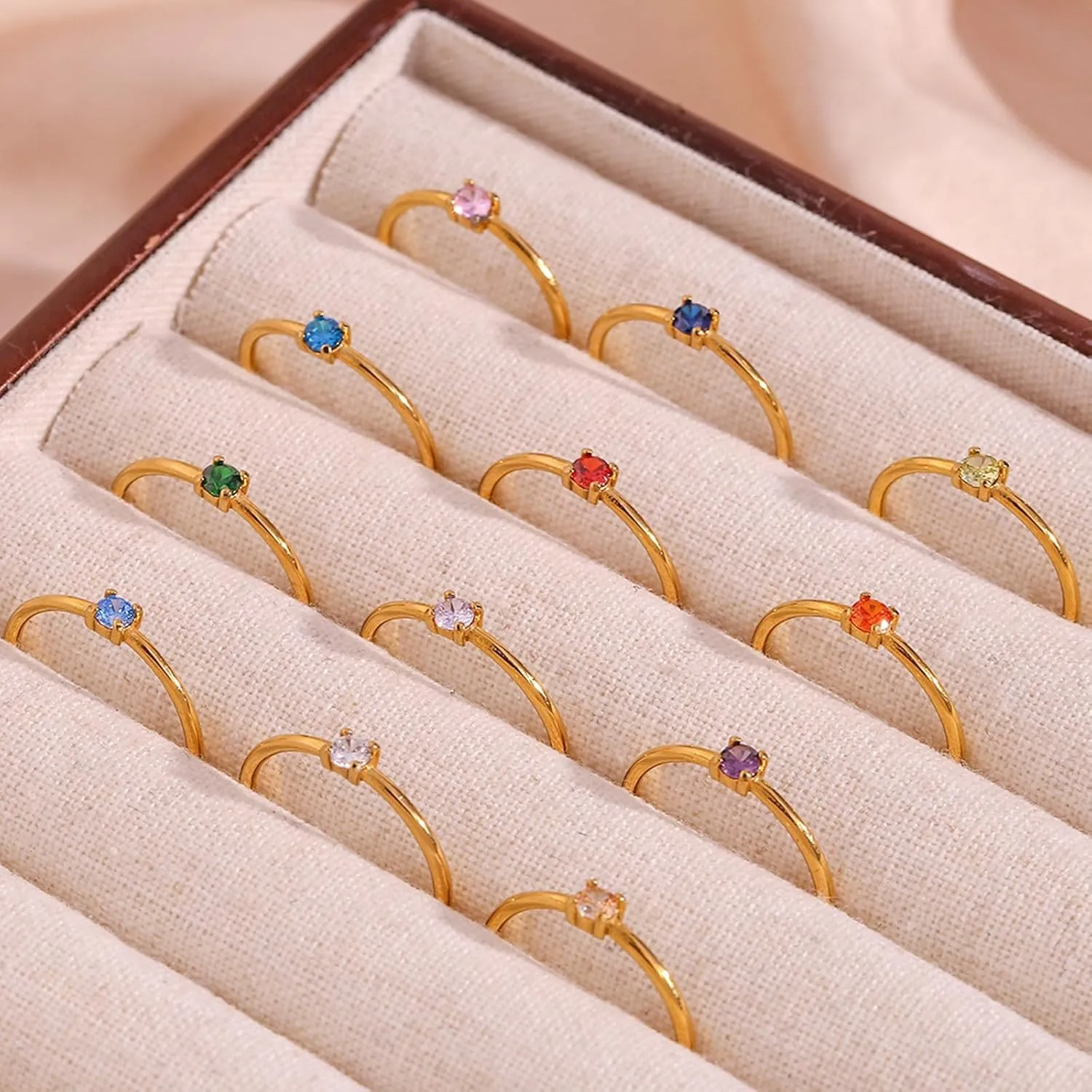 HUASAI Gold Birthstone Rings for Women Non Tarnish 14K Gold Plated Stackable Birthstone Ring Stacking Cubic Zirconia Birthstone Rings Adjustable Birthstone Rings for Birthday Jewelry Gifts