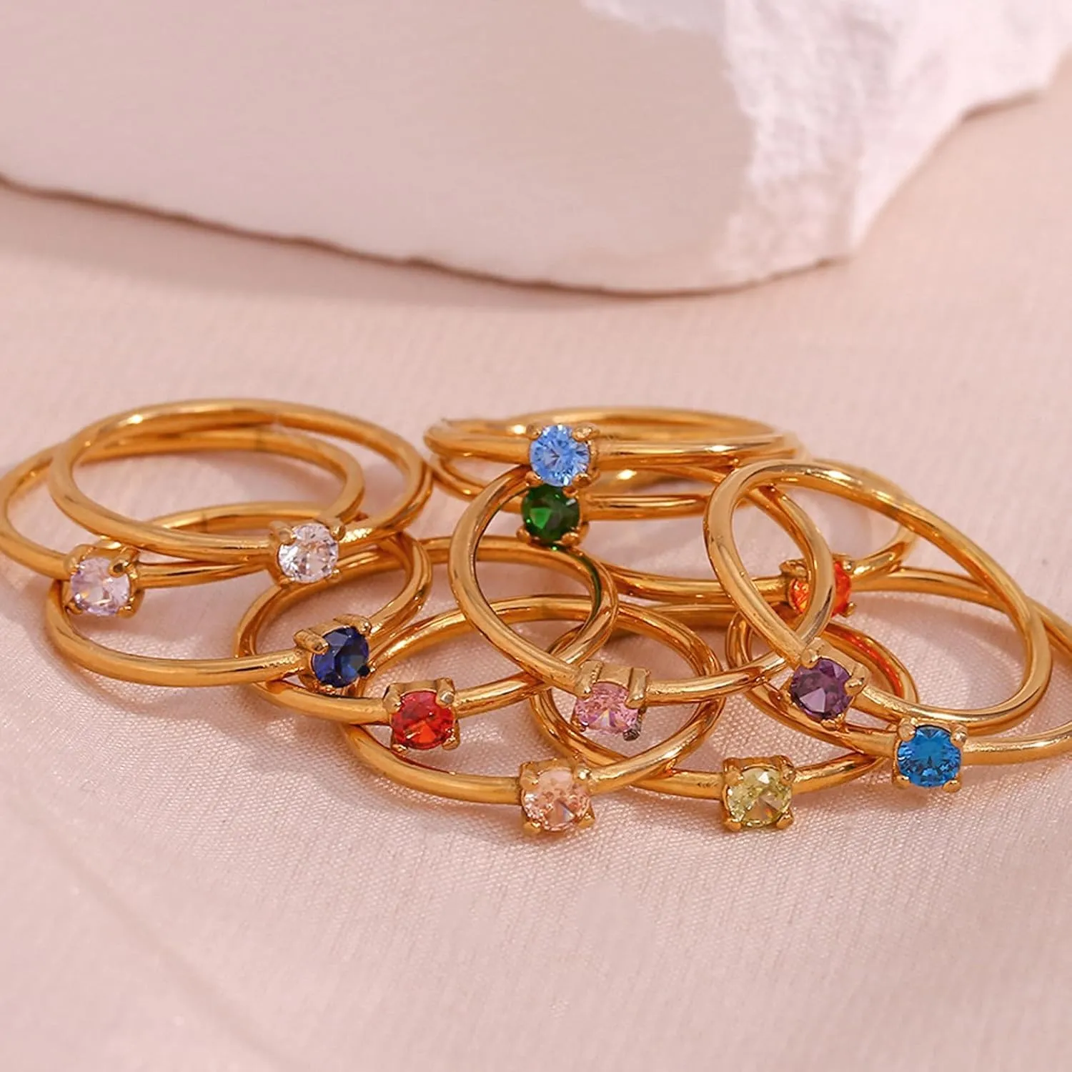 HUASAI Gold Birthstone Rings for Women Non Tarnish 14K Gold Plated Stackable Birthstone Ring Stacking Cubic Zirconia Birthstone Rings Adjustable Birthstone Rings for Birthday Jewelry Gifts