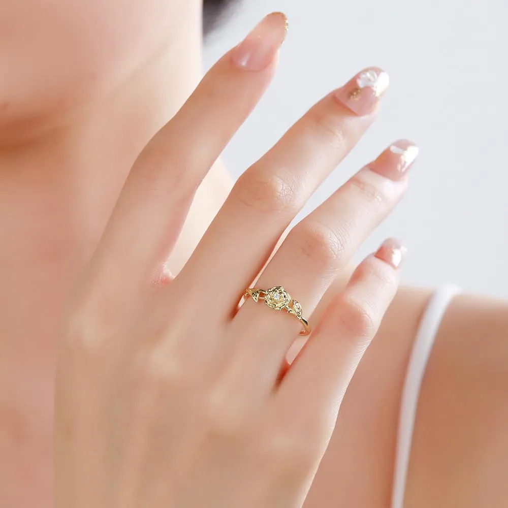 INENIMARTJ Gold Birthstone Rings for Women,Dainty 14K Gold Plated Birthstone Flower Ring Adjustable Birth Month Gold Ring Unique Non Tarnish Stackable Finger Simple Birthday Jewelry