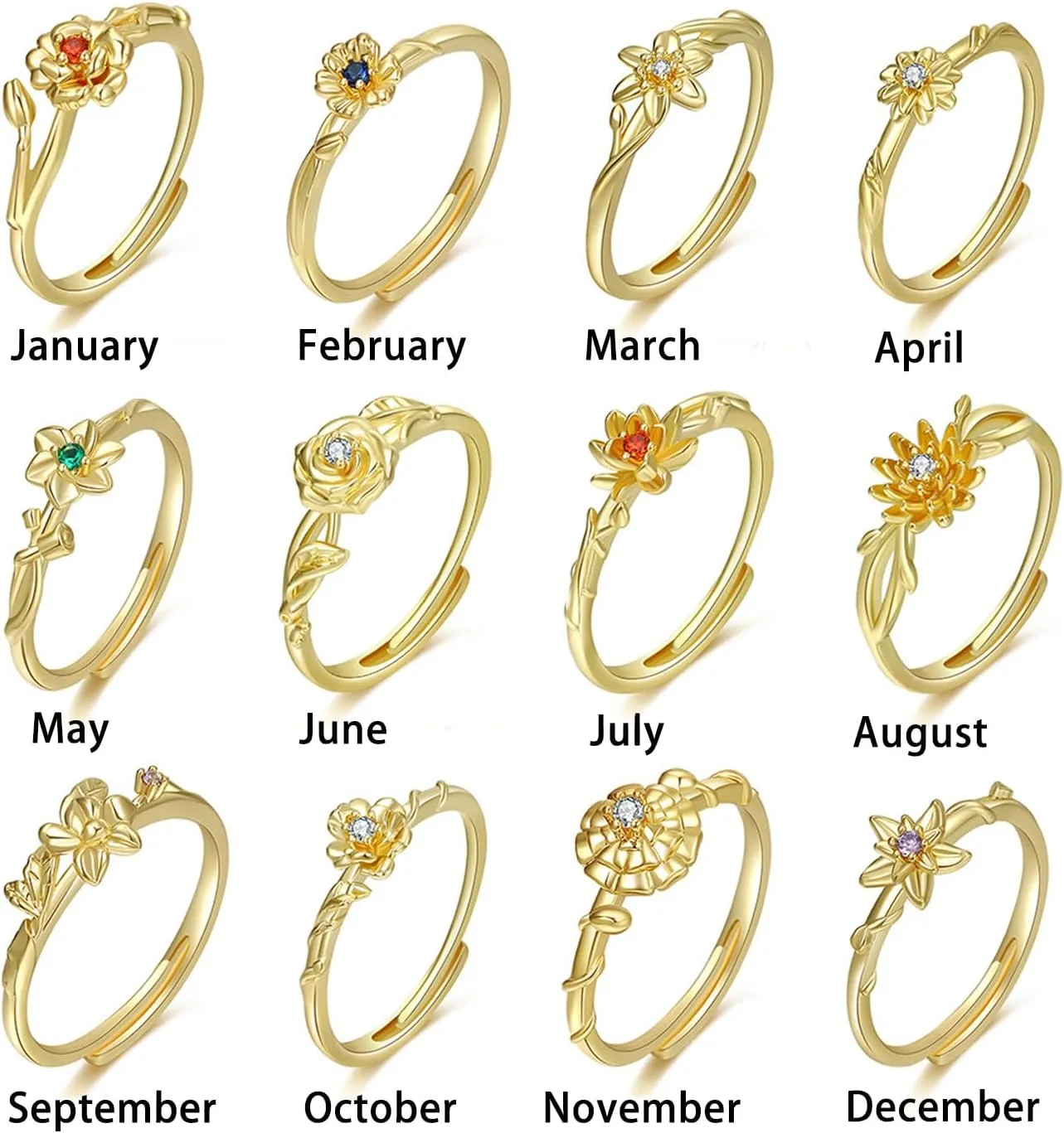 INENIMARTJ Gold Birthstone Rings for Women,Dainty 14K Gold Plated Birthstone Flower Ring Adjustable Birth Month Gold Ring Unique Non Tarnish Stackable Finger Simple Birthday Jewelry