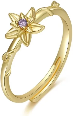 INENIMARTJ Gold Birthstone Rings for Women,Dainty 14K Gold Plated Birthstone Flower Ring Adjustable Birth Month Gold Ring Unique Non Tarnish Stackable Finger Simple Birthday Jewelry