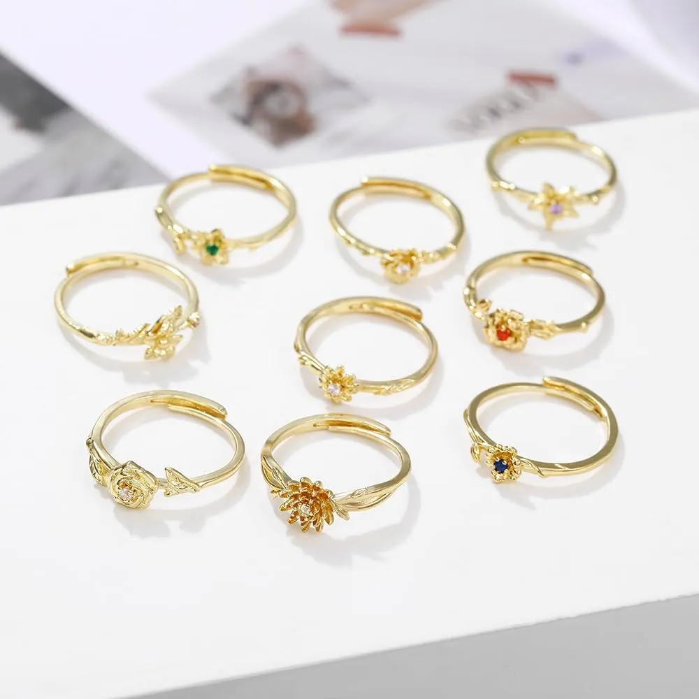 INENIMARTJ Gold Birthstone Rings for Women,Dainty 14K Gold Plated Birthstone Flower Ring Adjustable Birth Month Gold Ring Unique Non Tarnish Stackable Finger Simple Birthday Jewelry