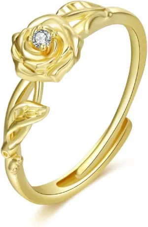 INENIMARTJ Gold Birthstone Rings for Women,Dainty 14K Gold Plated Birthstone Flower Ring Adjustable Birth Month Gold Ring Unique Non Tarnish Stackable Finger Simple Birthday Jewelry