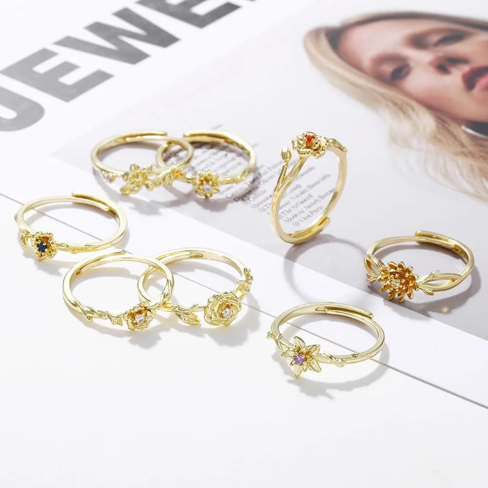 INENIMARTJ Gold Birthstone Rings for Women,Dainty 14K Gold Plated Birthstone Flower Ring Adjustable Birth Month Gold Ring Unique Non Tarnish Stackable Finger Simple Birthday Jewelry