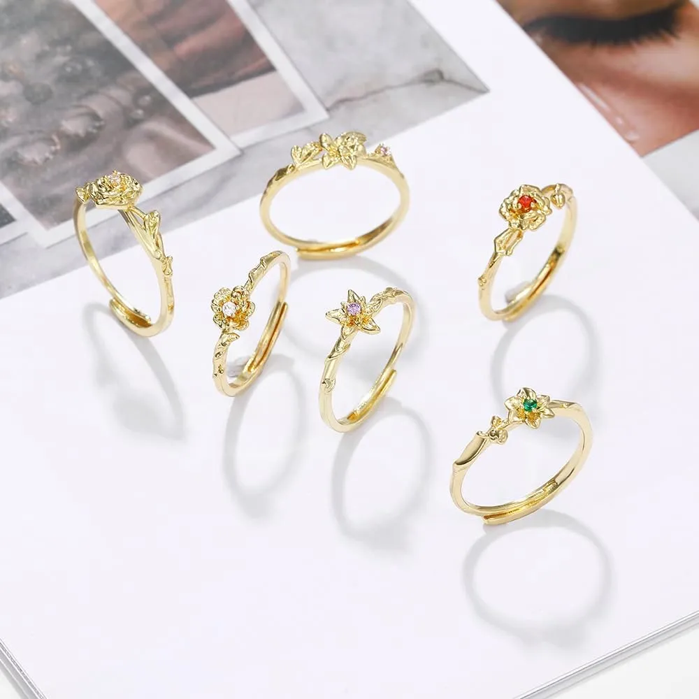 INENIMARTJ Gold Birthstone Rings for Women,Dainty 14K Gold Plated Birthstone Flower Ring Adjustable Birth Month Gold Ring Unique Non Tarnish Stackable Finger Simple Birthday Jewelry