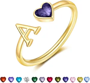 Initial Rings for Women Teen 14K Gold Plated Birthstone Rings Stackable Dainty Letter Rings Christmas Birthday Birthstone Jewelry Gifts for Mother Daughter,Adjustable Size 5-10