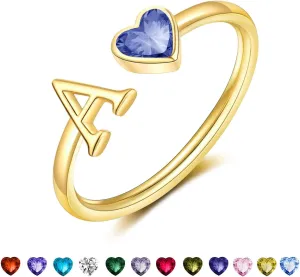 Initial Rings for Women Teen 14K Gold Plated Birthstone Rings Stackable Dainty Letter Rings Christmas Birthday Birthstone Jewelry Gifts for Mother Daughter,Adjustable Size 5-10