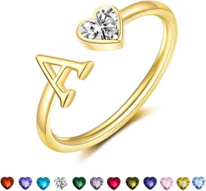 Initial Rings for Women Teen 14K Gold Plated Birthstone Rings Stackable Dainty Letter Rings Christmas Birthday Birthstone Jewelry Gifts for Mother Daughter,Adjustable Size 5-10