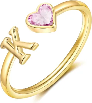 Initial Rings for Women Teen 14K Gold Plated Birthstone Rings Stackable Dainty Letter Rings Christmas Birthday Birthstone Jewelry Gifts for Mother Daughter,Adjustable Size 5-10