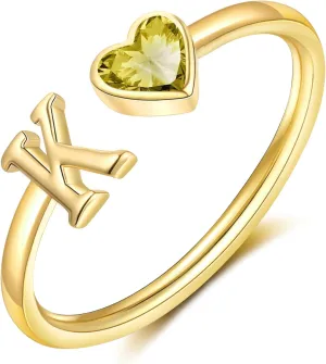 Initial Rings for Women Teen 14K Gold Plated Birthstone Rings Stackable Dainty Letter Rings Christmas Birthday Birthstone Jewelry Gifts for Mother Daughter,Adjustable Size 5-10