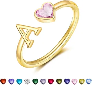 Initial Rings for Women Teen 14K Gold Plated Birthstone Rings Stackable Dainty Letter Rings Christmas Birthday Birthstone Jewelry Gifts for Mother Daughter,Adjustable Size 5-10