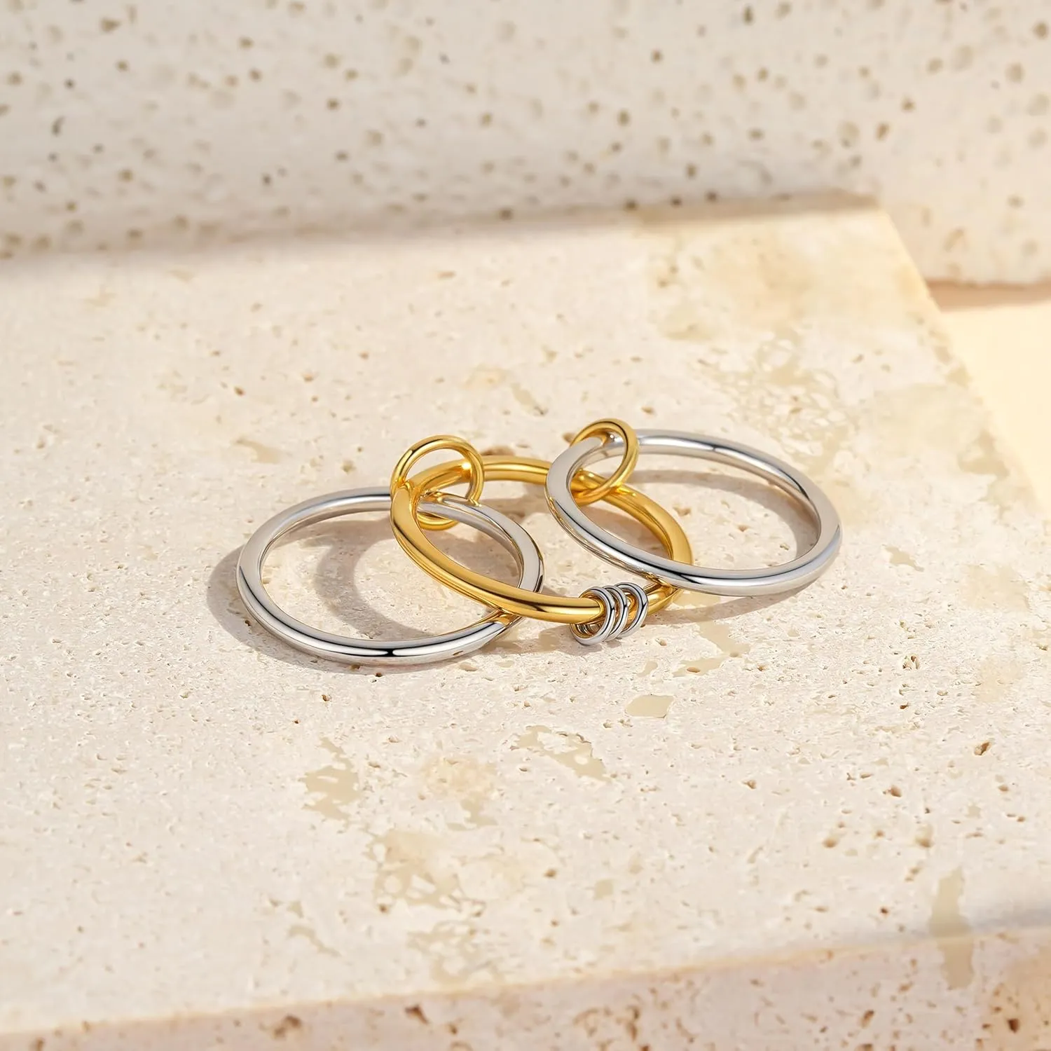 Interlocked Stackable Rings for Women: 925 Sterling Silver Gold Multi Interlocking 3 Ring Set - Waterproof Non Tarnish Stacking Connected Band Rings