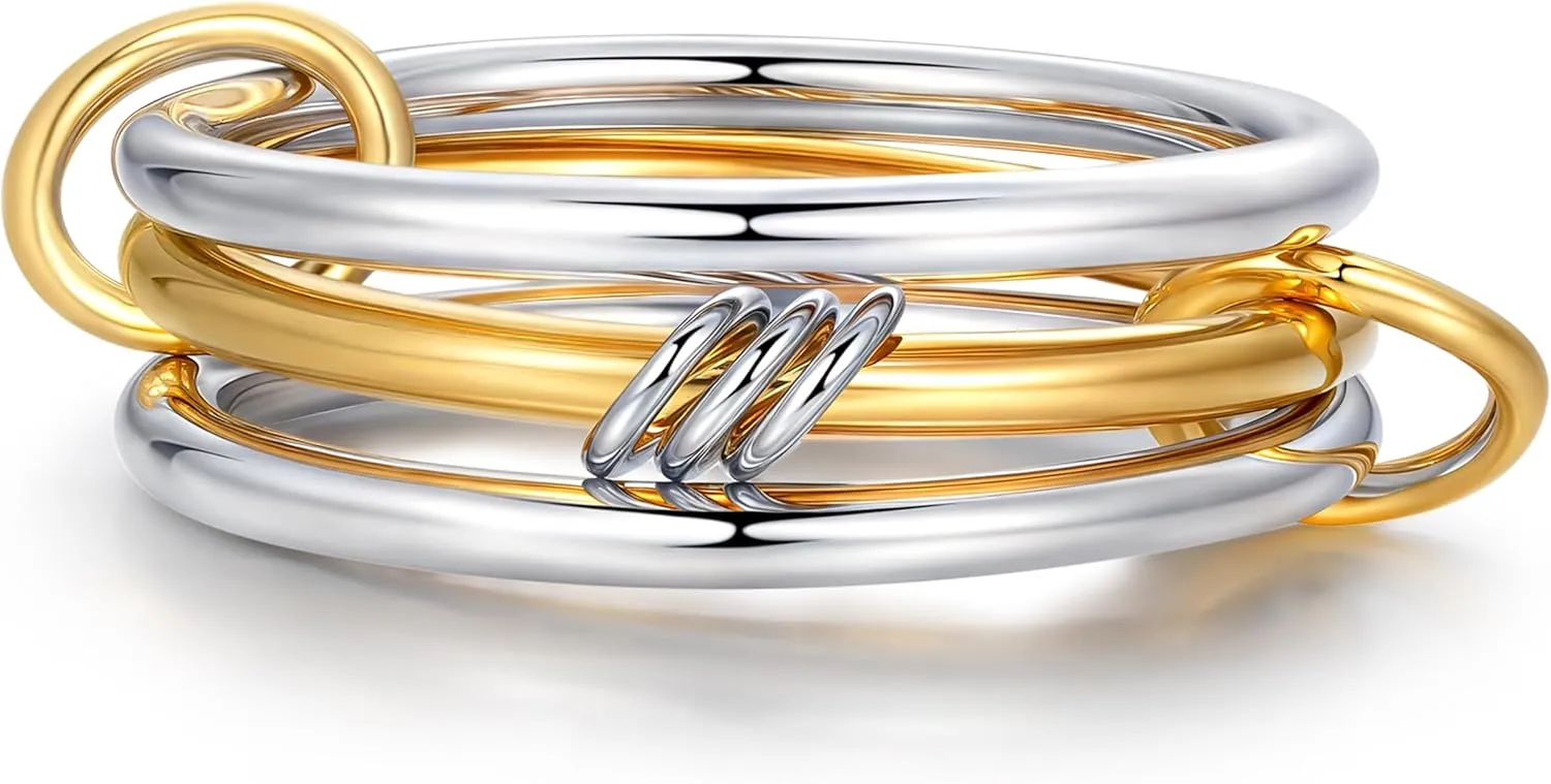 Interlocked Stackable Rings for Women: 925 Sterling Silver Gold Multi Interlocking 3 Ring Set - Waterproof Non Tarnish Stacking Connected Band Rings