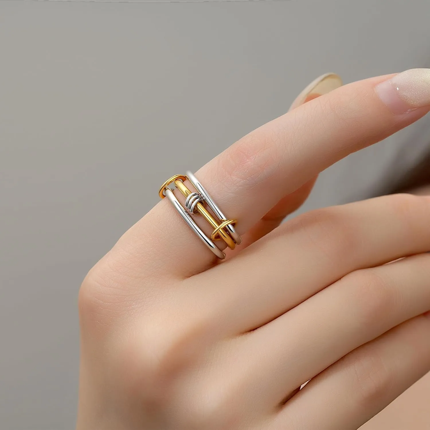 Interlocked Stackable Rings for Women: 925 Sterling Silver Gold Multi Interlocking 3 Ring Set - Waterproof Non Tarnish Stacking Connected Band Rings