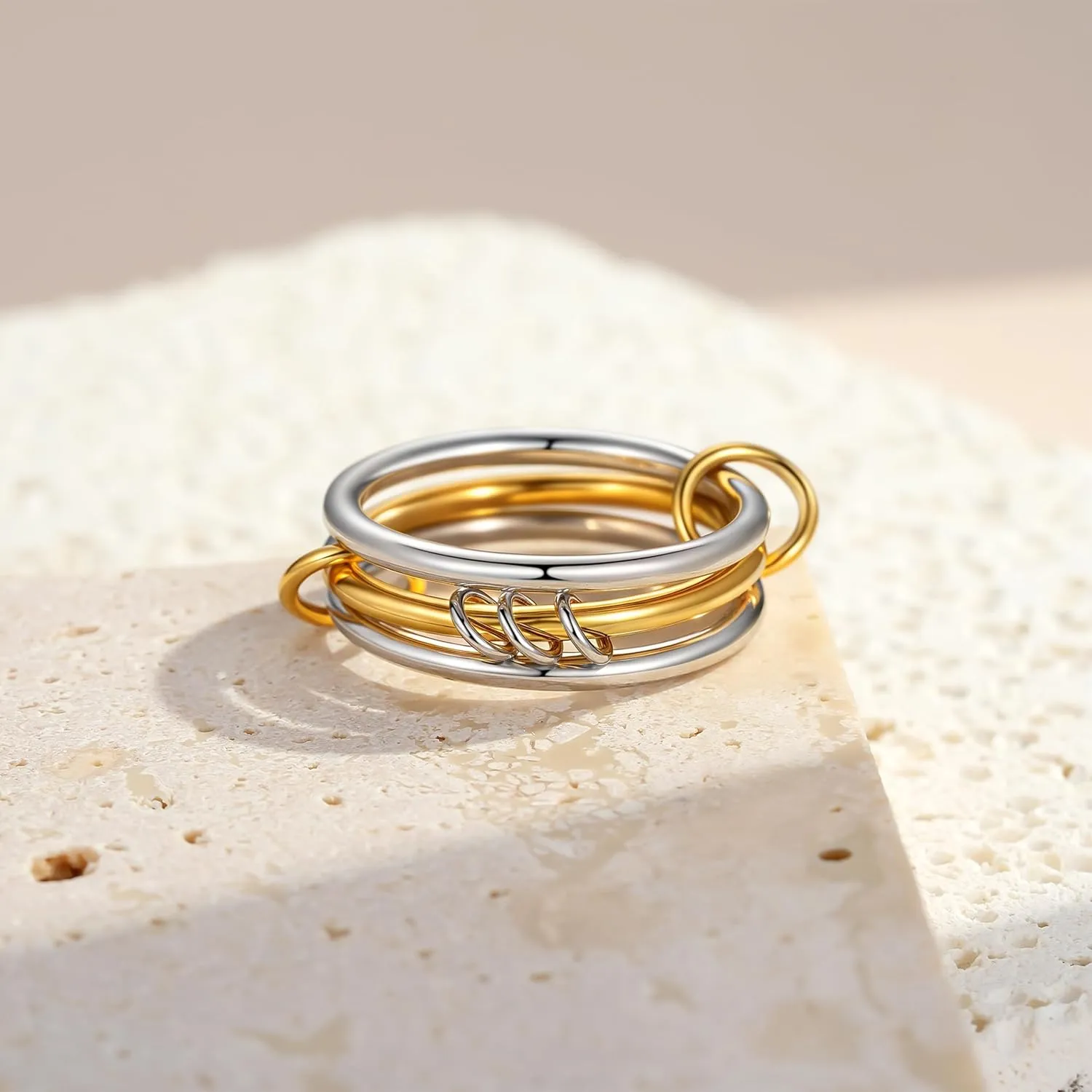Interlocked Stackable Rings for Women: 925 Sterling Silver Gold Multi Interlocking 3 Ring Set - Waterproof Non Tarnish Stacking Connected Band Rings