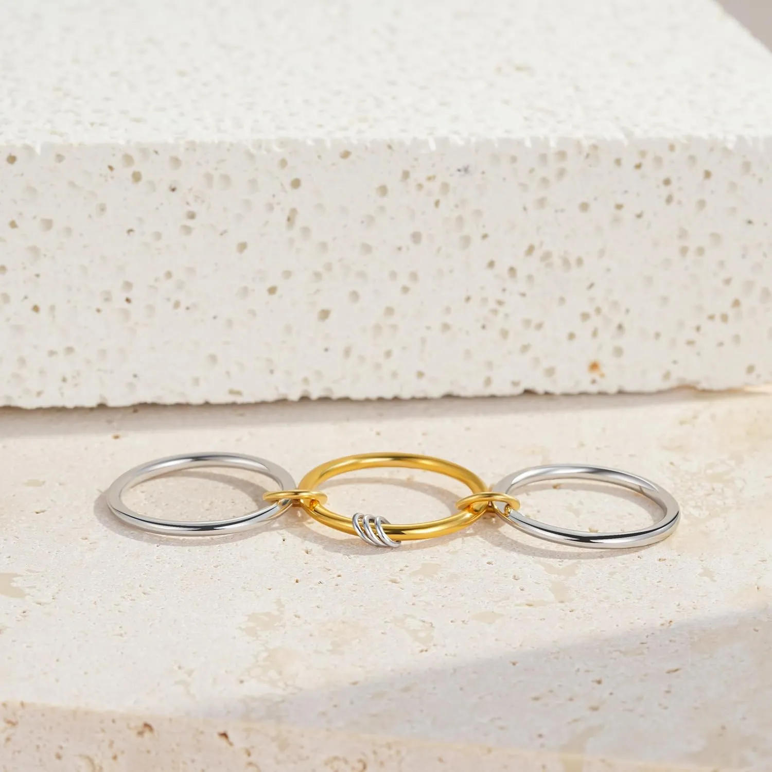 Interlocked Stackable Rings for Women: 925 Sterling Silver Gold Multi Interlocking 3 Ring Set - Waterproof Non Tarnish Stacking Connected Band Rings