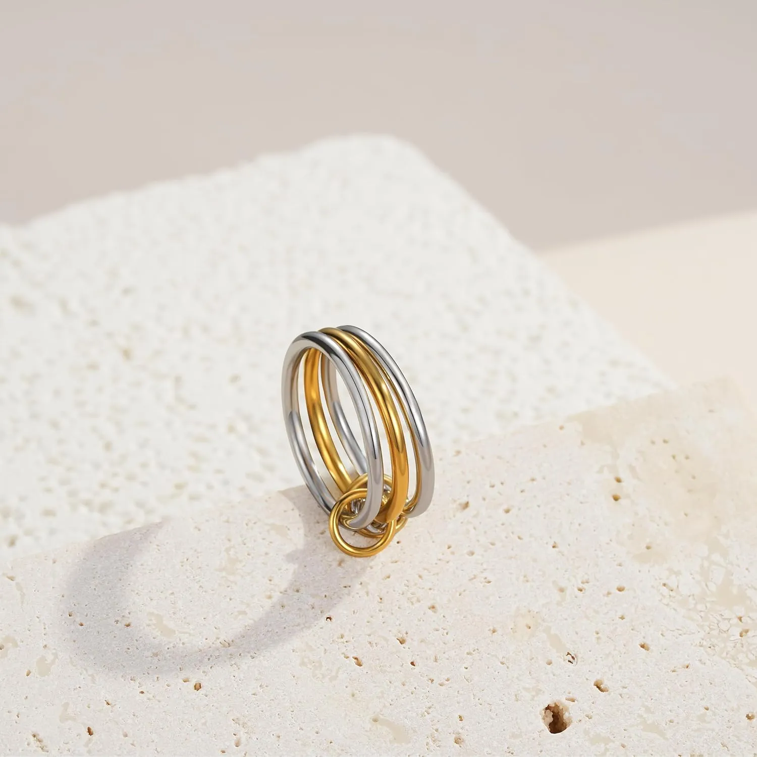 Interlocked Stackable Rings for Women: 925 Sterling Silver Gold Multi Interlocking 3 Ring Set - Waterproof Non Tarnish Stacking Connected Band Rings