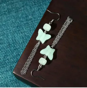 Jade Drop Dangle Earrings Retro Butterfly Hook 18K White Gold Plated