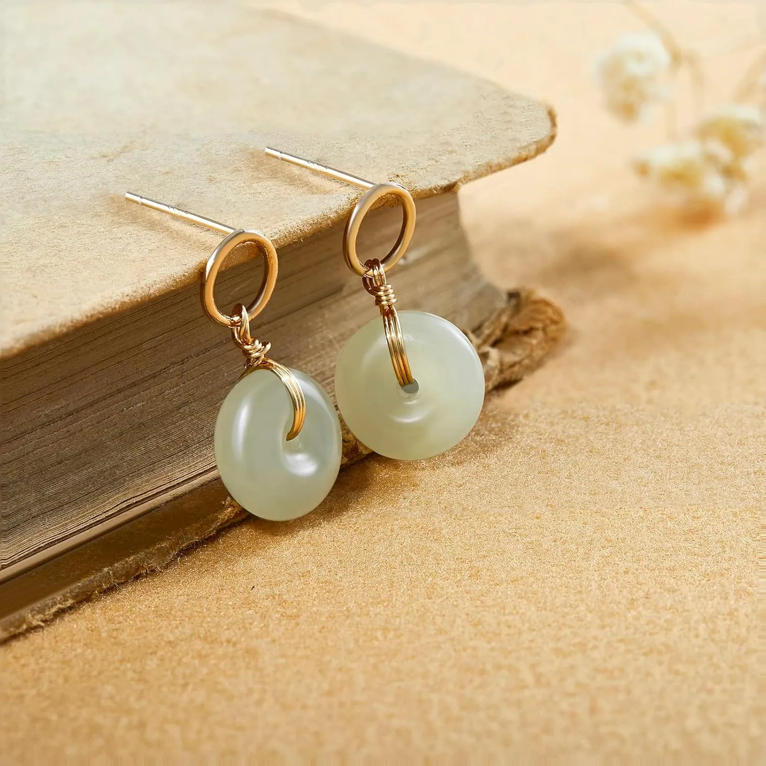 Jade Earring,14K Gold Filled Jade Earrings for Women, Handmade Earrings for the Minimalist Mother Jewelry Gift Idea for Wife, Back To School Teacher Gift (Cyan White Jade)
