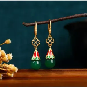 Jade Enamel Drop Dangle Earrings Gemstone Retro Flower Hook 18K Gold Plated