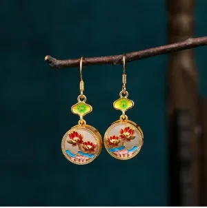 Jade Enamel Drop Dangle Earrings Retro Flower Dainty Gemstone 18K Gold Plated