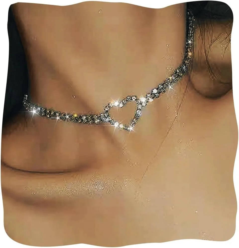 JAKAWIN Rhinestone Heart Choker Necklace Silver Crystal Neck Chokers Chain Necklaces Jewelry for Women