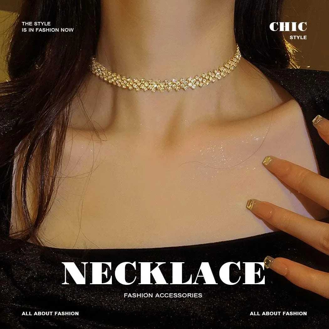 JEAIRTS Choker Rhinestone Necklace Diamond Row Necklaces Crystal Chokers Chain Jewelry Sparkly Party Prom Accessories for Women