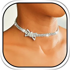 JEAIRTS Rhinestone Bow Choker Necklace Jewelry Silver Row Diamond Chain Necklaces Crystal Chokers Sparkly Party Prom Accessories for Women