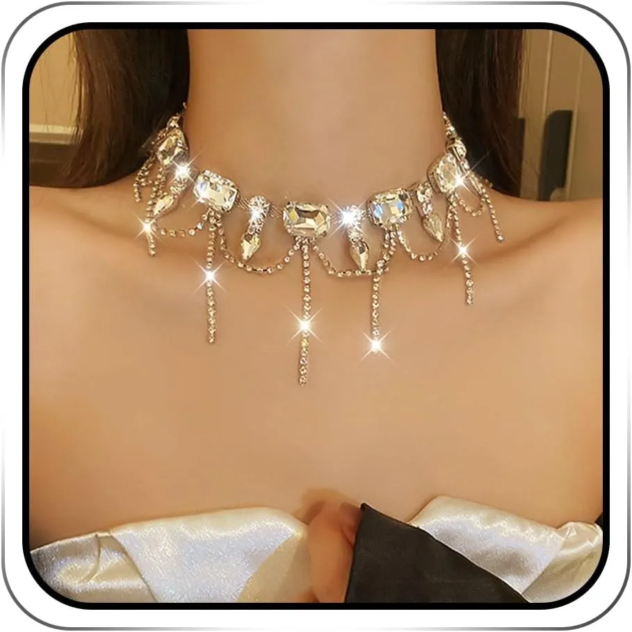JEAIRTS Rhinestone Choker Necklace Jewelry Silver Sparkly Crystal Tassel Prom Necklaces Chain for Women