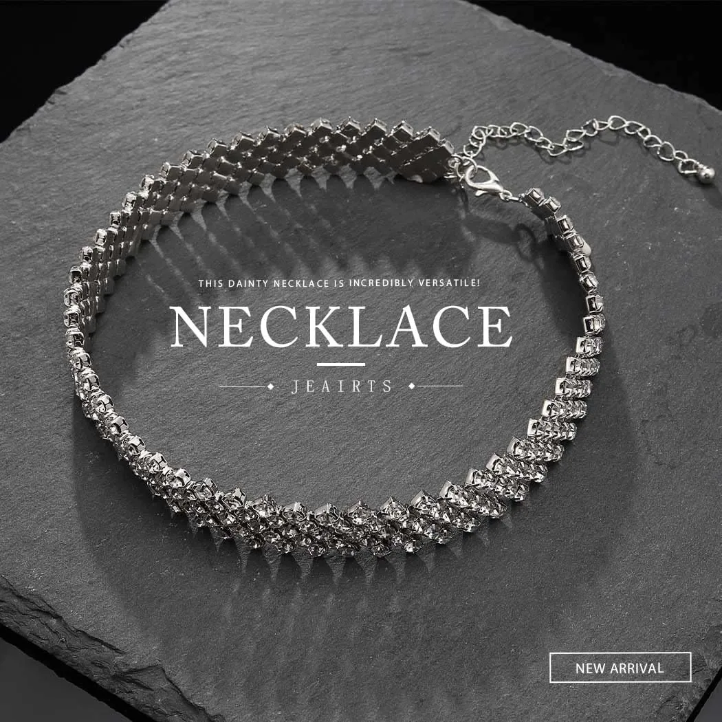 JEAIRTS Rhinestone Choker Necklace Multi-Row Diamond Chokers Sparkly Party Prom Crystal Jewelry for Women