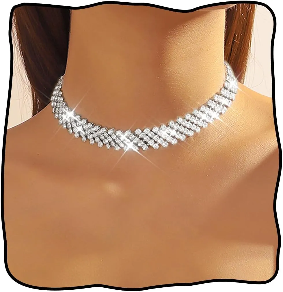 JEAIRTS Rhinestone Choker Necklace Multi-Row Diamond Chokers Sparkly Party Prom Crystal Jewelry for Women
