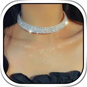JEAIRTS Rhinestone Choker Necklace Silver Sparkly Rhinestone Multi-Row Necklaces Chain Bling Crystal Chokers Fashion Minimalist Party Prom Jewelry Accessories for Women