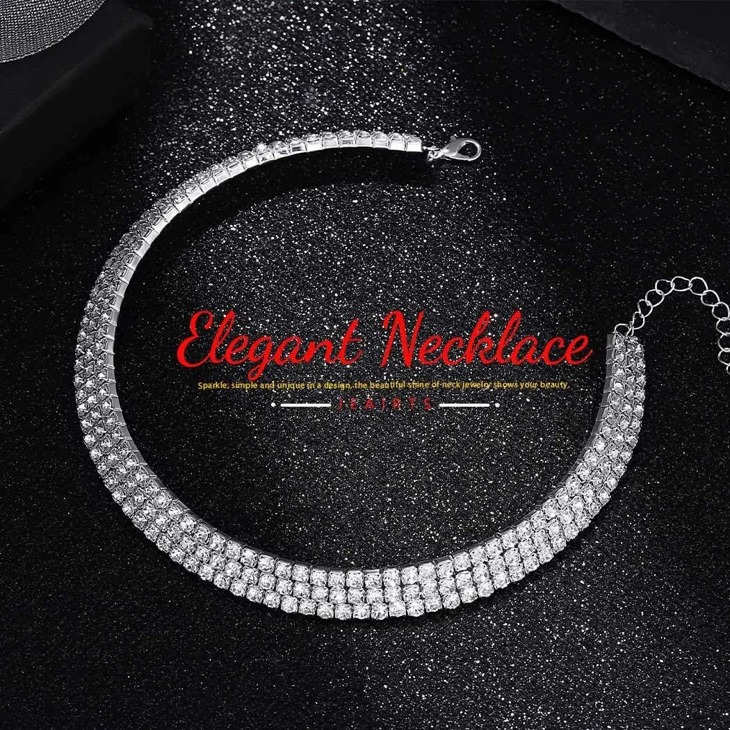 JEAIRTS Rhinestone Choker Necklace Silver Sparkly Rhinestone Multi-Row Necklaces Chain Bling Crystal Chokers Fashion Minimalist Party Prom Jewelry Accessories for Women