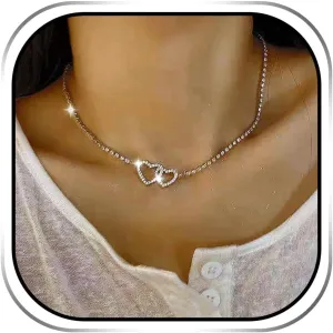 JEAIRTS Rhinestone Choker Necklace Sparkly Heart Chokers Minimalist Love Necklaces Crystal Chain Party Prom Jewelry for Women