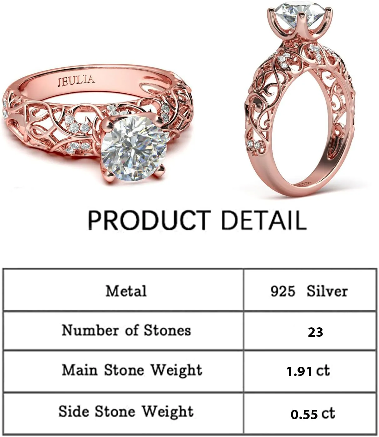 Jeulia 2 Carat Leaf Vines Rings for Women 925 Sterling Silver Rose Gold Plated Engagement Rings Round Cut Diamond Wedding Band Rings Solitaire CZ Promise Anniversary Rings Romantic Gift