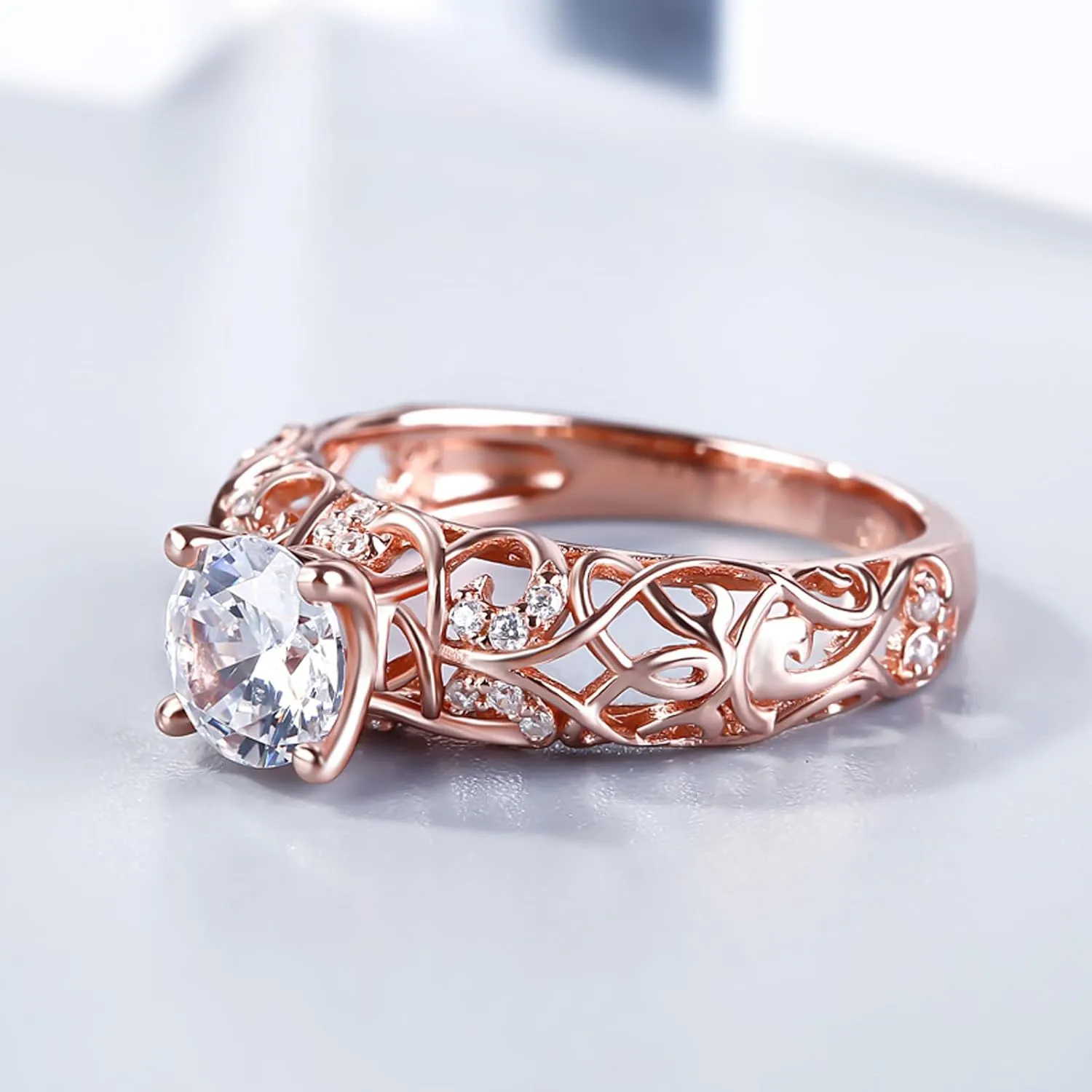Jeulia 2 Carat Leaf Vines Rings for Women 925 Sterling Silver Rose Gold Plated Engagement Rings Round Cut Diamond Wedding Band Rings Solitaire CZ Promise Anniversary Rings Romantic Gift