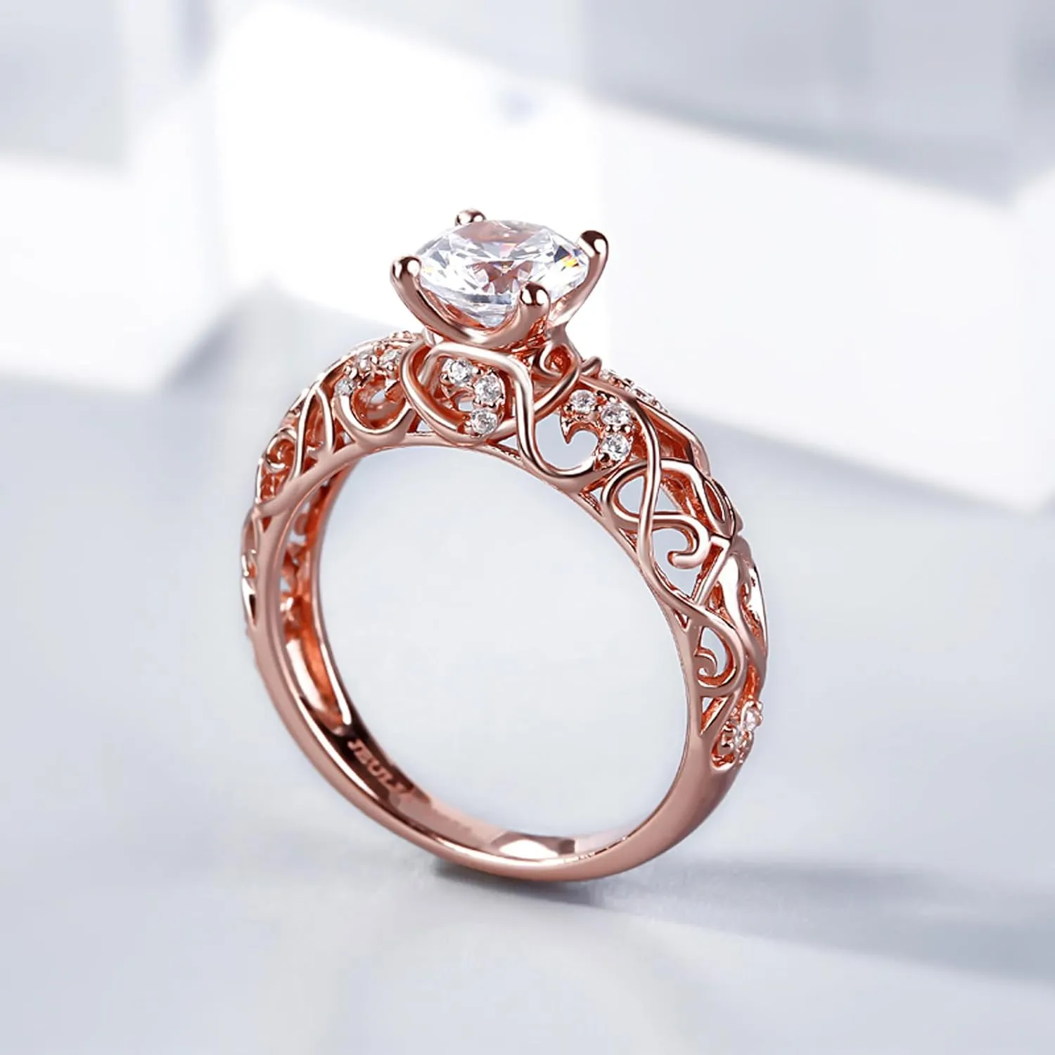 Jeulia 2 Carat Leaf Vines Rings for Women 925 Sterling Silver Rose Gold Plated Engagement Rings Round Cut Diamond Wedding Band Rings Solitaire CZ Promise Anniversary Rings Romantic Gift