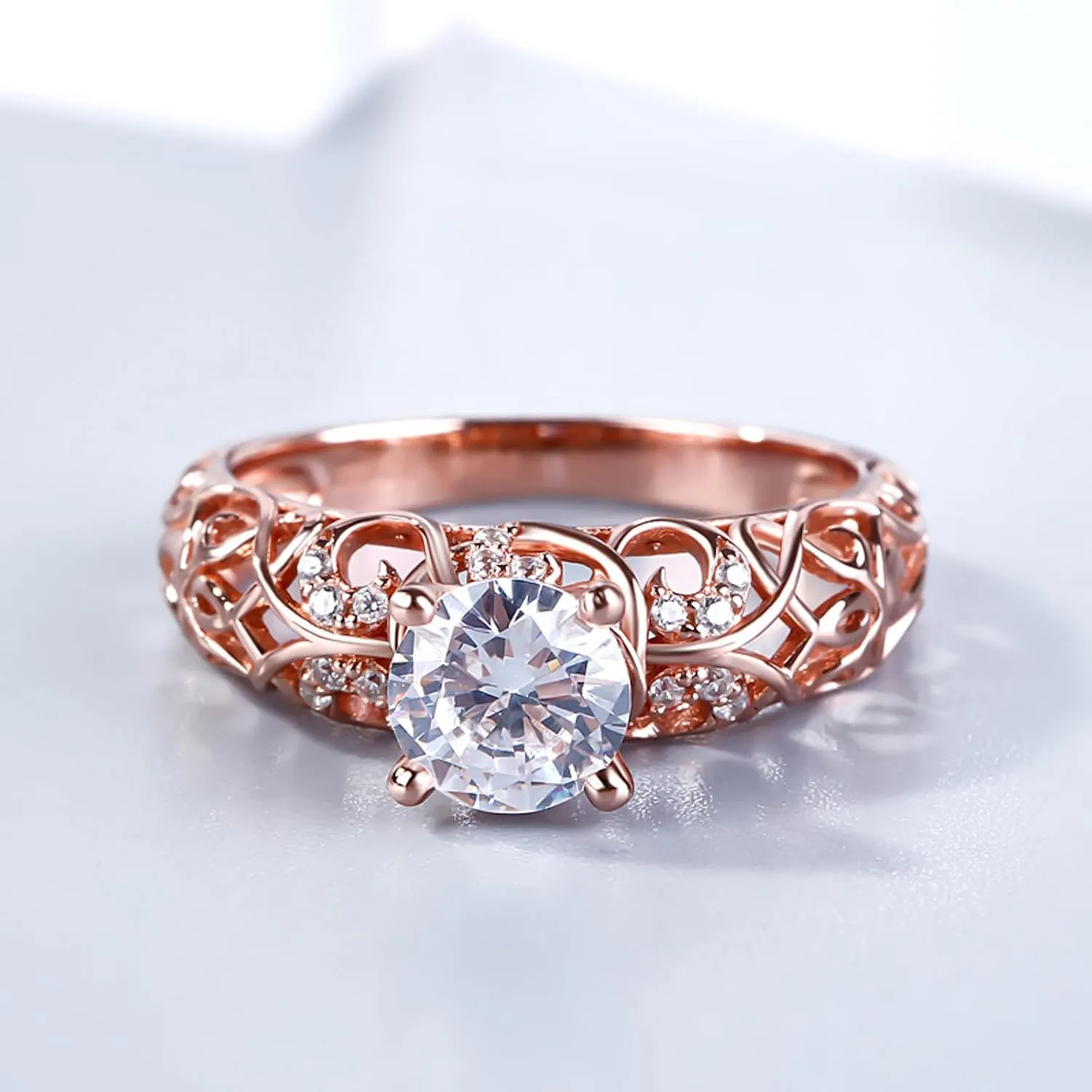 Jeulia 2 Carat Leaf Vines Rings for Women 925 Sterling Silver Rose Gold Plated Engagement Rings Round Cut Diamond Wedding Band Rings Solitaire CZ Promise Anniversary Rings Romantic Gift