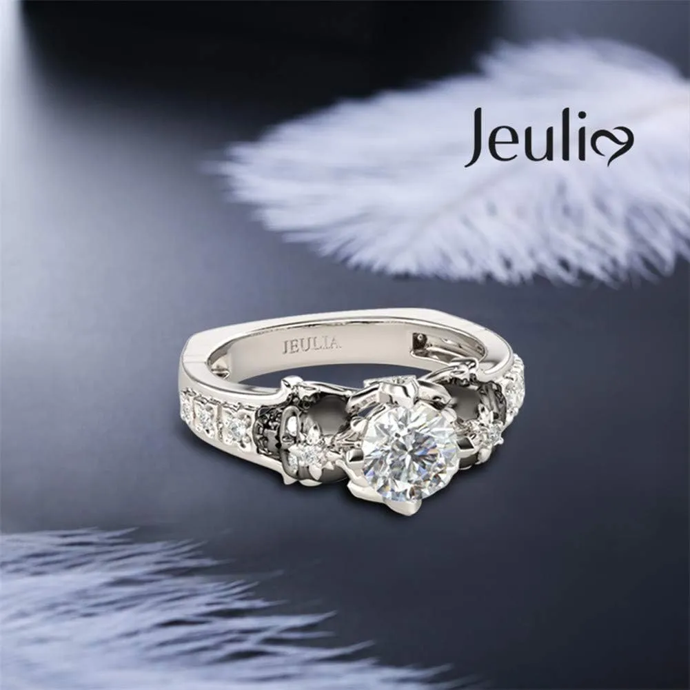 Jeulia 2 Carat Round Cut Diamond Skull Rings for Women Customized Bridal Sterling Silver TwoTone Wedding Band with European Shank Wedding Engagement Promise Rings for Her with GiftBox