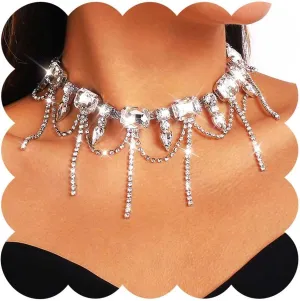 JEWEKY Rhinestone Choker Necklace Silver Bling Chunky Necklaces for Women