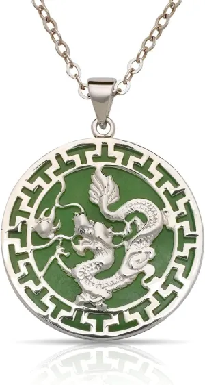 JewelryWeb - Solid Sterling Silver 18-inch Green Jade Dragon Necklace - 25mm x 32mm - Protection Necklace for Women and Men - Large Medallion Greek Key Border