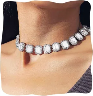 JONKY Crystal Choker Necklace Silver Rhinestone Necklaces Sparkly Neck Chain Wedding Neck Jewelry for Women