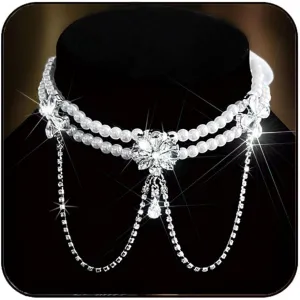 JONKY Pearl Choker Necklace Silver Crystal Chokers Rhinestone Layered Necklaces Neck Jewelry for Women