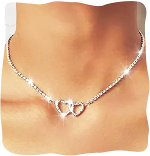 JONKY Rhinestone Choker Necklace Jewelry Silver Heart Necklaces Crystal Chokers Chain Sparkly Prom Accessories for Women